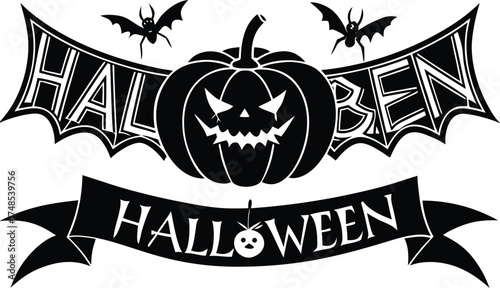 Halloween vector art of halloween themed illustration showcasing a grinning pumpkin, a spider, and a larger spider, all above a banner with the word halloween in a dripping font	