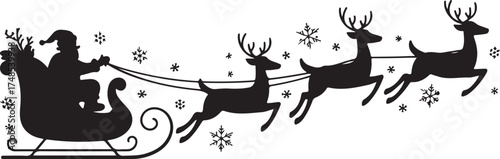 Santa Claus on sleigh flying sky with reindeers black vector silhouette on white background. illustration design for winter holiday decoration, Christmas greeting card and Happy new year