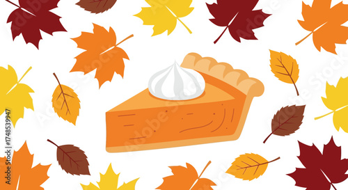 Festive thanksgiving pie slice surrounded by colorful autumn maple leaves illustration vector
