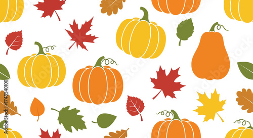Autumn harvest pumpkins and fall leaves pattern seamless vector illustration vector