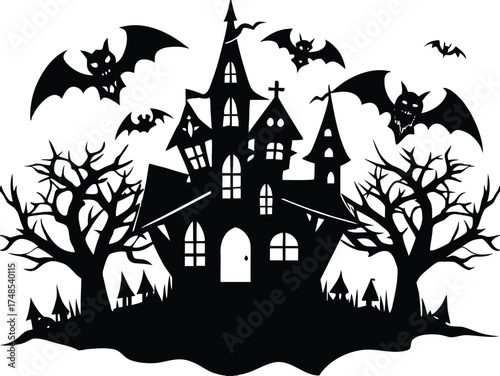 Halloween, vector illustration vector art of a spooky haunted house silhouette with bats flying around, perfect for halloween themed designs and decorations	