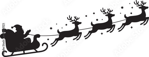 Santa Claus on sleigh flying sky with reindeers black vector silhouette on white background. illustration design for winter holiday decoration, Christmas greeting card and Happy new year