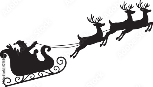 Santa Claus on sleigh flying sky with reindeers black vector silhouette on white background. illustration design for winter holiday decoration, Christmas greeting card and Happy new year