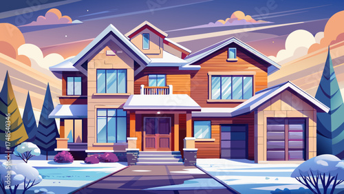 Very beautiful new modern duplex house with light snow in suburban neighborhood under cloudy sky, vector-style illustration ideal for real estate and architectural design.