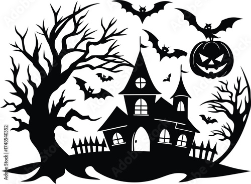 Halloween, vector illustration vector art of a spooky haunted house silhouette with bats flying around, perfect for halloween themed designs and decorations	