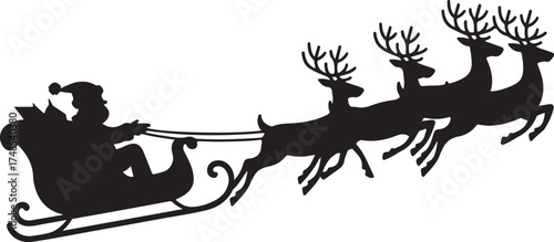 Santa Claus rides in a sleigh in harness on the reindeer