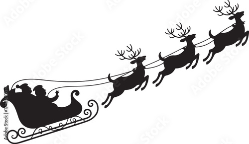 Santa Claus rides in a sleigh in harness on the reindeer
