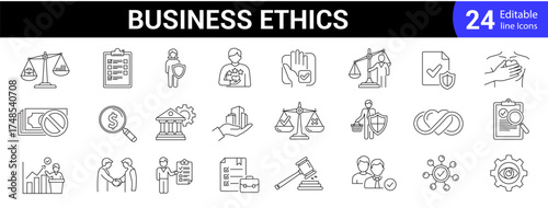 Business ethics line icon set. Editable outline corporate, fairness, integrity, loyalty, trust, equality, code of conduct, honesty, anti corruption etc. Vector symbol collection