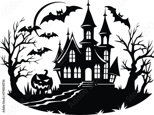 Halloween, vector illustration vector art of a spooky haunted house silhouette with bats flying around, perfect for halloween themed designs and decorations	