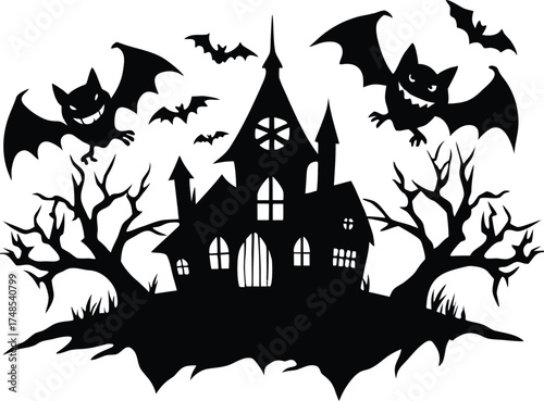 Halloween, vector illustration vector art of a spooky haunted house silhouette with bats flying around, perfect for halloween themed designs and decorations	