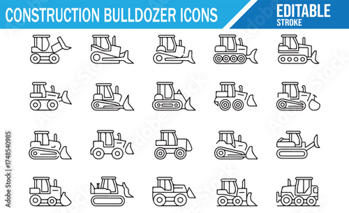 Bulldozer and construction vehicle icons in outline style, perfect for construction-related projects.