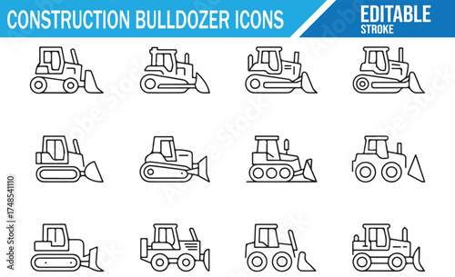 Set of editable bulldozer illustrations, line drawings for construction and machinery themes.