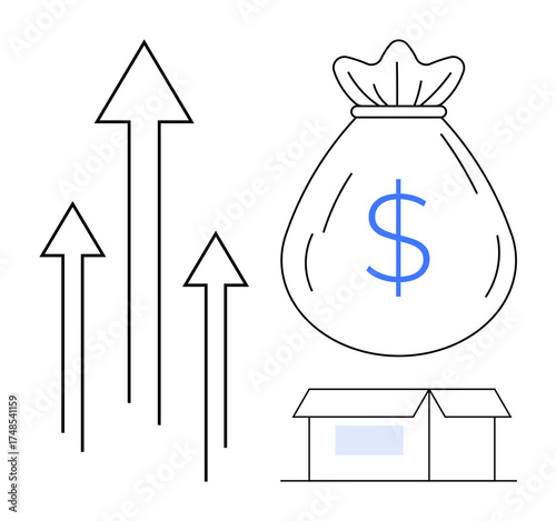 Large money bag with dollar sign, arrows pointing upward, and small building highlight financial growth. Ideal for business success, investment, wealth, savings, growth, entrepreneurship simple flat