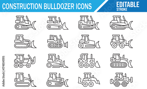 Line art vector icons of bulldozers and construction equipment for industrial design.