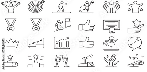 success, achievement, winning, goals, competition, medal, crown, trophy, podium, champion, victory, business growth, target, motivation, award, progress, thumbs up, vector illustration icon 