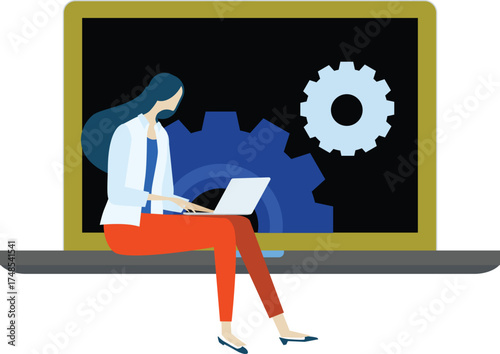 Eco Technology Business Concept — a girl with Laptop Vector File