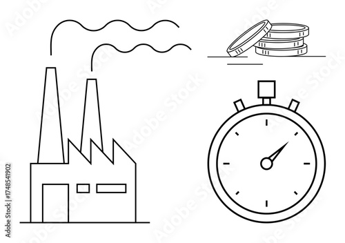 Factory with two chimneys, three stacked coins, and a stopwatch highlighting efficiency, time management, and industrial operations. Ideal for business, finance, manufacturing, productivity time
