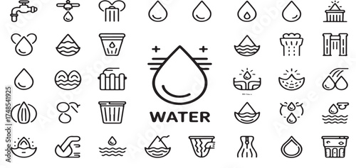 water, fluid, droplet, liquid, icon set, line art, outline icons, hydration, purity, filtration, faucet, tap, water drop, clean water, ecology, conservation, aqua, vector illustration icon design 