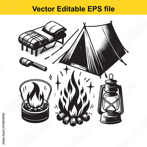 Vector art of camping essentials illustration featuring a tent, campfire, lantern, flashlight, and cot