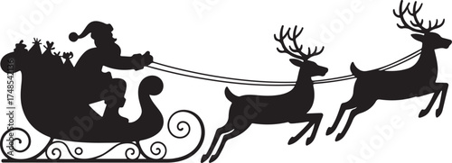 Silhouette of Santa Claus riding in a sleigh with reindeer. Vector on transparent background