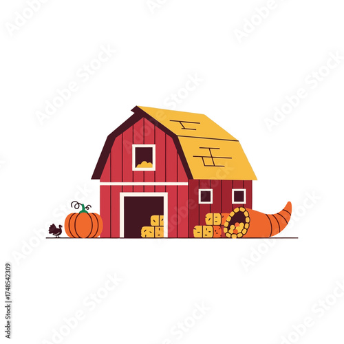 Rustic red barn with autumn harvest cornucopia pumpkins and hay bales illustration vector