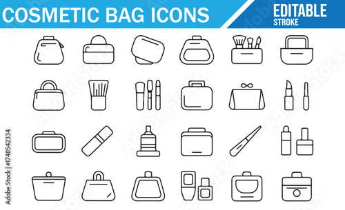 Cosmetic Bag Essentials: Beauty and Makeup Line Icons