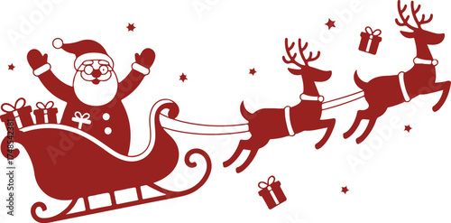 Silhouette of Santa holding one hand on a sleigh with reindeer and waving on a white. Christmas, new year