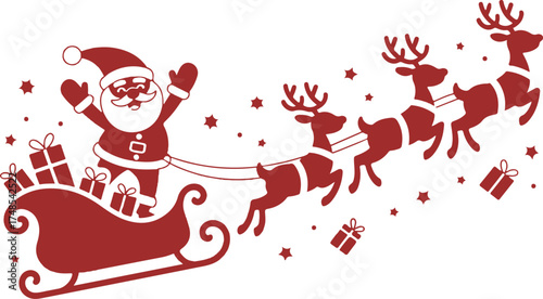 Silhouette of Santa holding one hand on a sleigh with reindeer and waving on a white. Christmas, new year