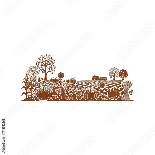 Autumn harvest landscape rural scene with hay bales trees and farmhouse illustration vector