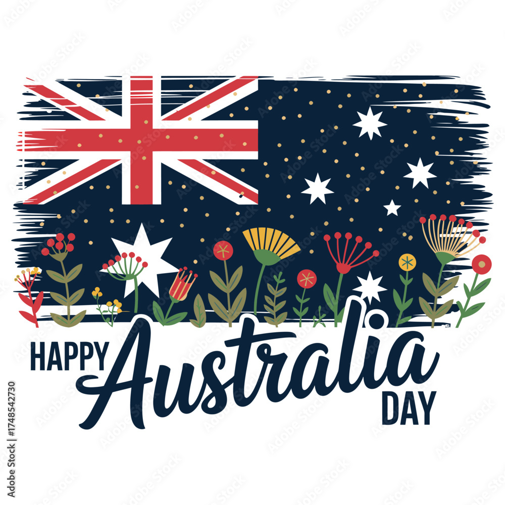 Obraz premium Happy Australia Day with Flowers and Flag