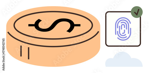 Currency coin, authenticated fingerprint with checkmark, and cloud integration. Ideal for digital payment, fintech, security, blockchain, authentication, online banking simple flat metaphor