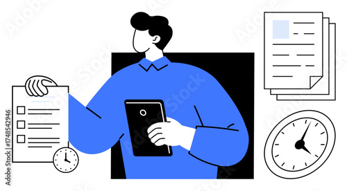 Man holds checklist and tablet while overseeing time and documents. Ideal for task planning, productivity, project management, deadlines, scheduling, organization, workflow. Simple flat metaphor