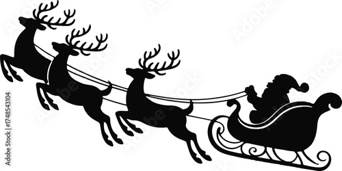 Silhouette reindeer sleigh ride, black, vector, isolated