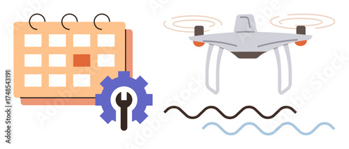 quadcopter flying above wave patterns beside a calendar and gear icon representing scheduling, planning, automation, maintenance, technology, efficiency, and innovation. Ideal for brainstorming