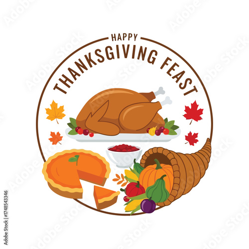 Happy thanksgiving feast roasted turkey pumpkin pie cornucopia autumn harvest celebration vector