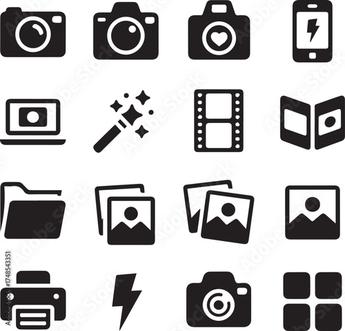 minimal flat icon grid for digital media photography camera smartphone laptop film gallery vector