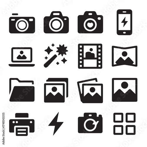 versatile ui icon pack camera photo gallery filmbook printer lightning magic wand vector set