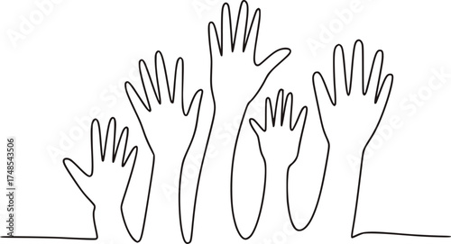 Minimalist line drawing of raised hands open black and white