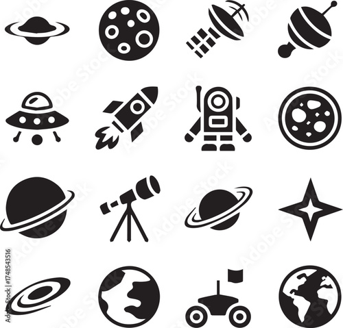 space exploration icon collection 16 vector symbols planet saturn rocket astronaut satellite telescope rover minimal set