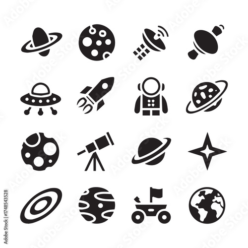 astronomy vector icon pack 16 black and white space symbols planets moon rocket satellite telescope rover ufo galaxy