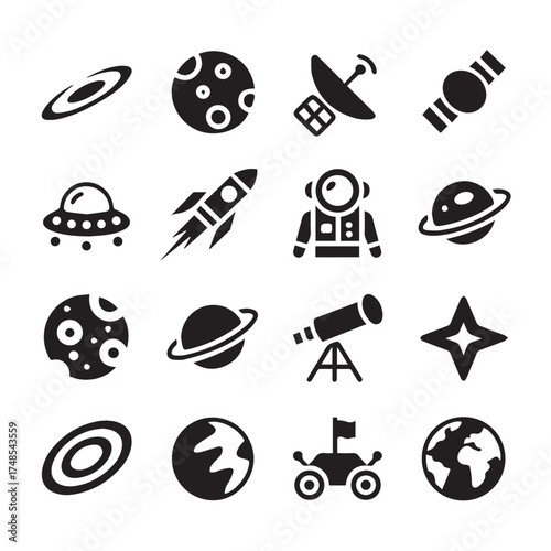 space themed icon grid 16 monochrome vector icons planet rocket astronaut telescope satellite rover galaxy educational set