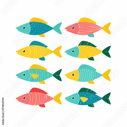 Set of eight stylized fish illustrations.