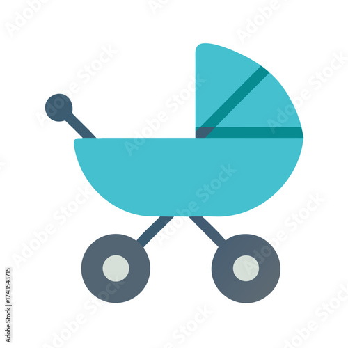 Flat style illustration of a baby carriage on black