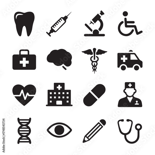 healthcare icon pack monochrome vectors hospital ambulance syringe stethoscope tooth microscope dna pill and medical staff
