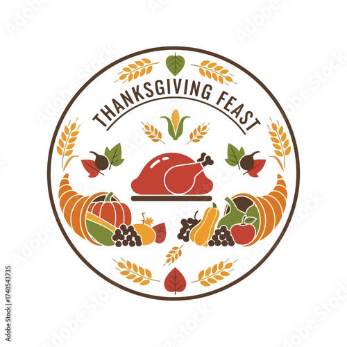 Traditional thanksgiving feast round emblem with roast turkey cornucopia and autumn harvest symbols vector