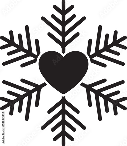 Snowflake with heart icon. Black silhouette snow flake sign, isolated on white background. Flat design. Symbol of winter, Christmas, New Year holiday, Valentines day. Vector illustration