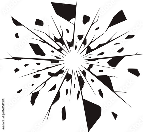 Shattered glass radial explosion black white abstract vector