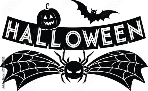 Halloween vector art of halloween themed illustration showcasing a grinning pumpkin, a spider, and a larger spider, all above a banner with the word halloween in a dripping font	