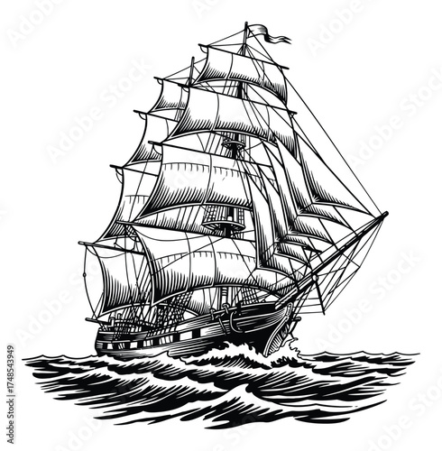 Vintage Tall Ship Ocean Journey with Full Sails and Crashing Waves