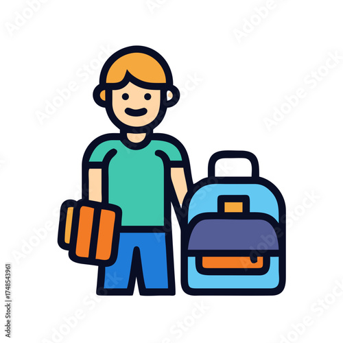 Boy with backpack and books ready to go